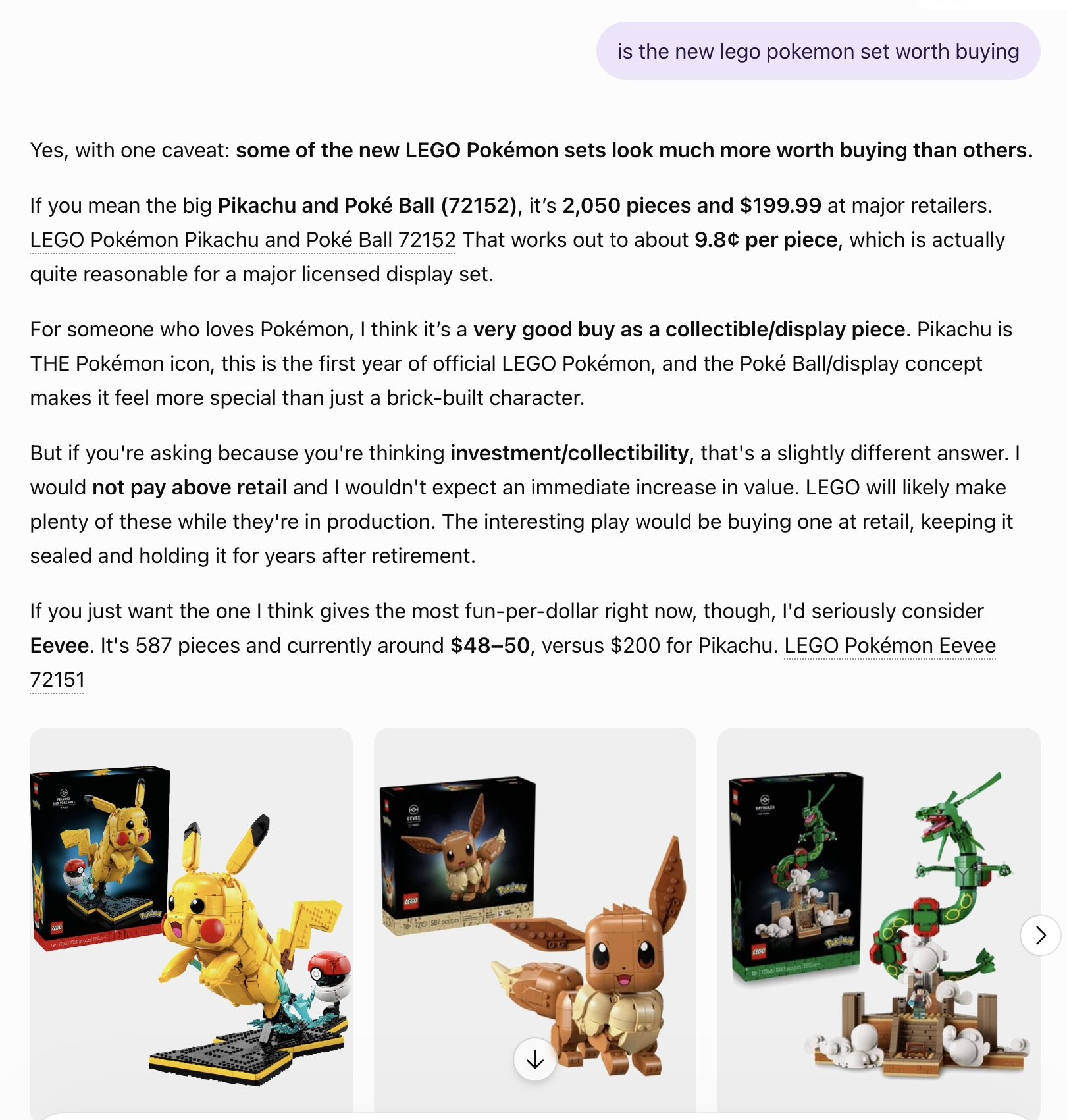 ChatGPT response giving three different verdicts on whether the LEGO Pokémon Pikachu set is worth buying, depending on the buyer's goal.